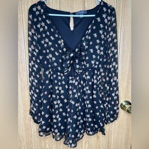 Primark Black Floral Romper Open Front Long Open Side Sleeves